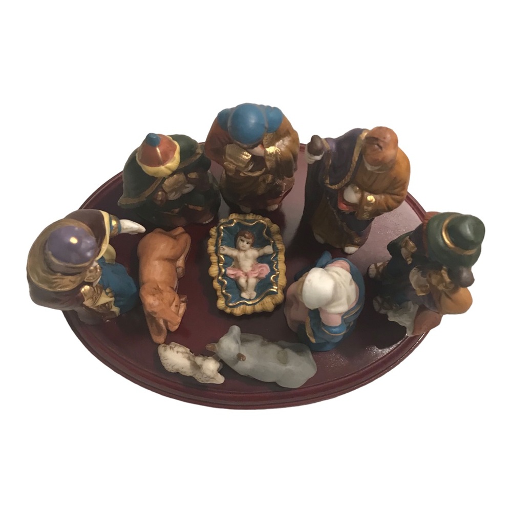 World Bazaar Nativity Set. 11 Piece Hand Painted Ceramic With Wood Base.